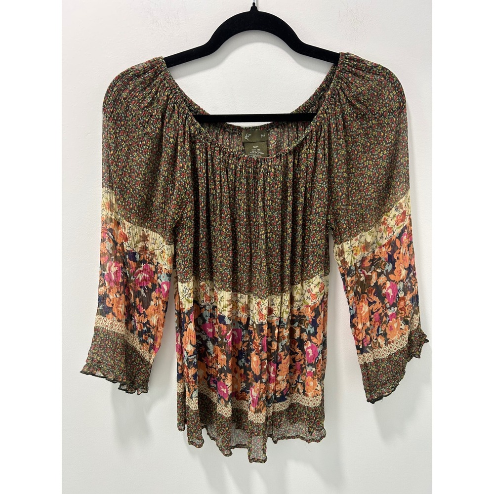 Fei Anthropologie Silk Floral Patchwork Crinkle Boho Blouse Top Multi Color S